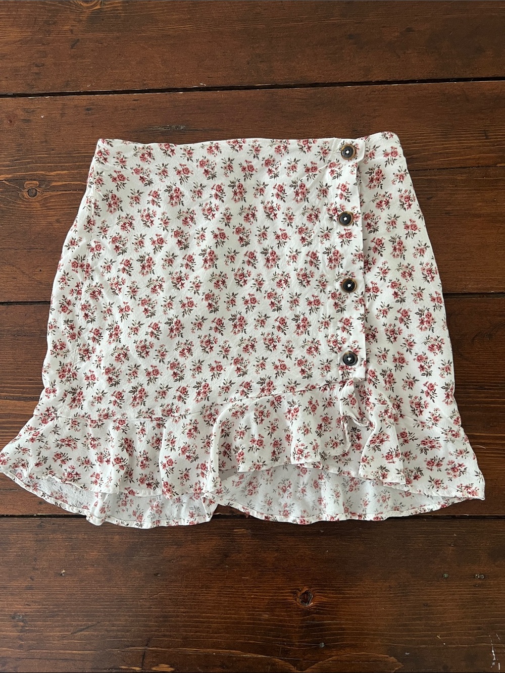 Hollister Cream Mini Skirt with Red Floral Print and Side Buttons